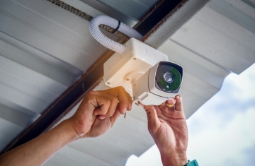 person installing a security camera